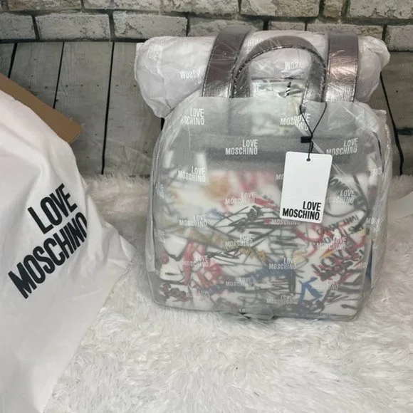 LOVE MOSCHINO White Graffiti Leather Backpack - Picture 5 of 15